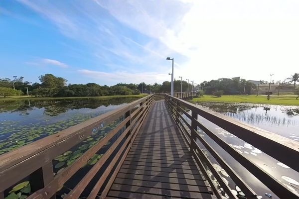 Caminho pelo deck no meio da Lagoa da Chica, no Campeche.